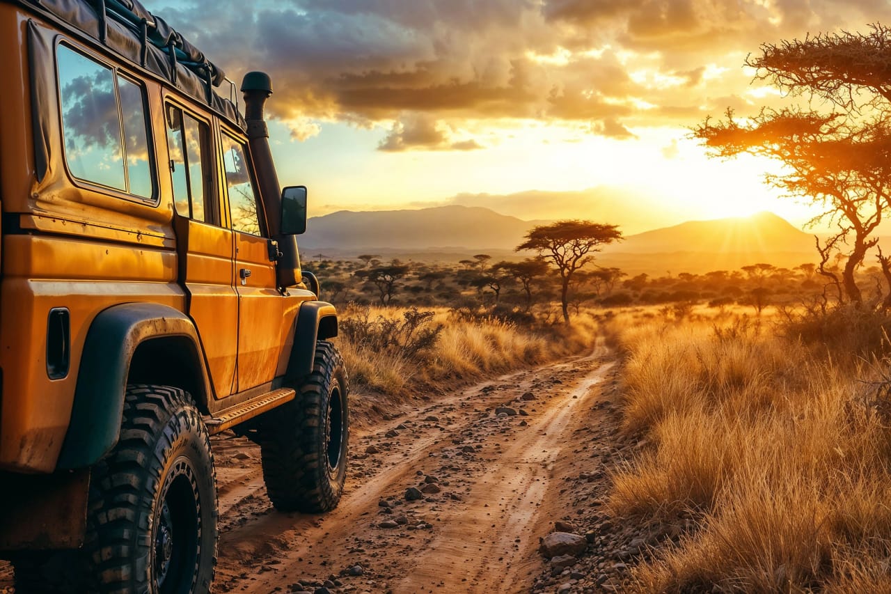 A 4x4 on a dirt track through the savannah at sunset